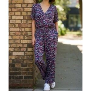 PACT Women's Sz M Colorful Leopard Print Jumpsuit Elastic Waist Organic Cotton